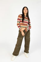 Cactus Flower Bell Sleeve Crochet Stripe Sweater