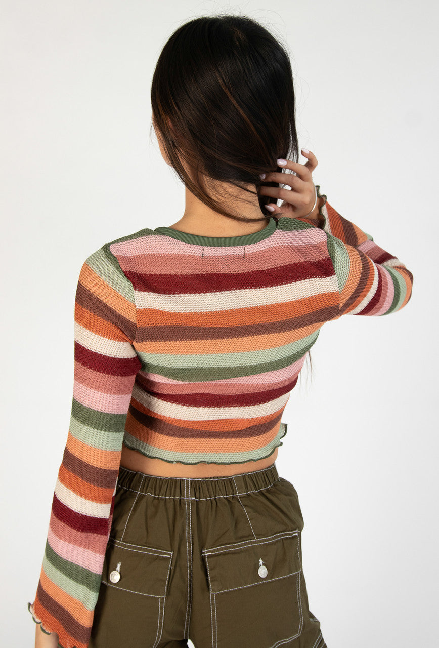 Cactus Flower Bell Sleeve Crochet Stripe Sweater