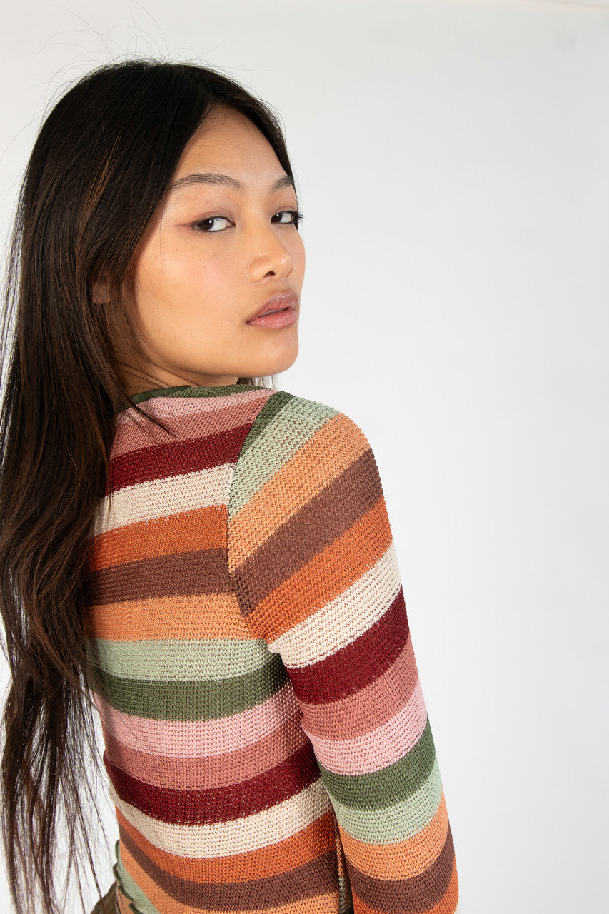 Cactus Flower Bell Sleeve Crochet Stripe Sweater