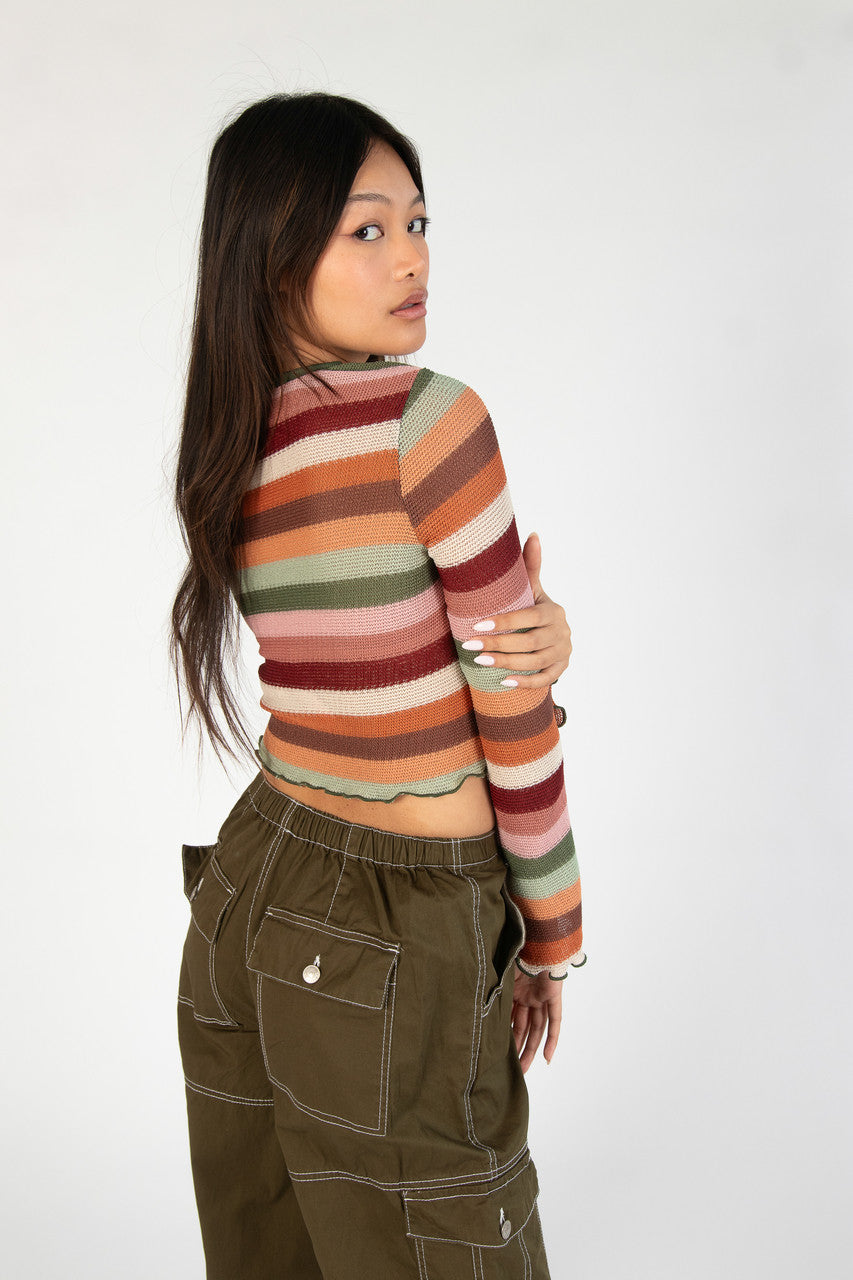 Cactus Flower Bell Sleeve Crochet Stripe Sweater