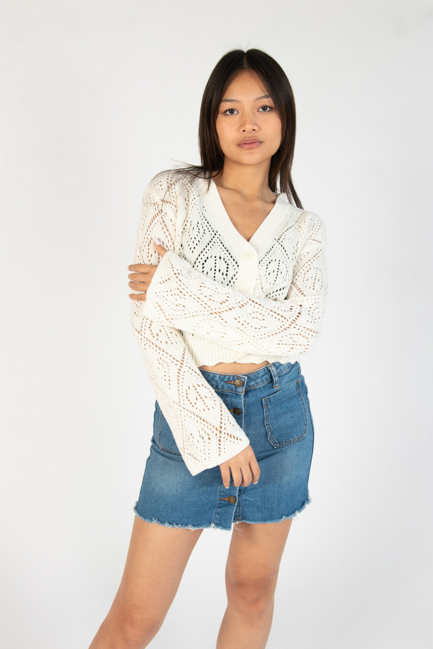 Ivory Bell Sleeve Pointelle Cardigan