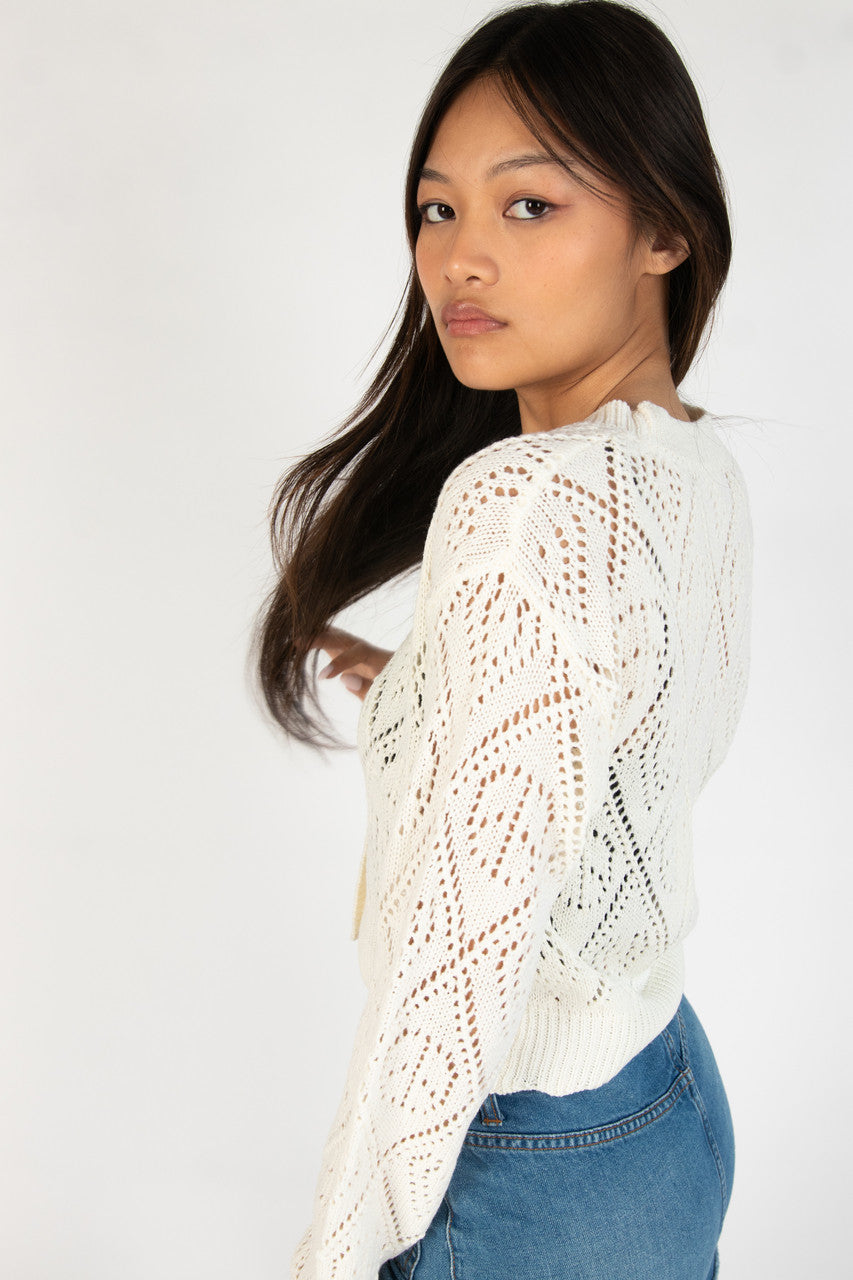 Ivory Bell Sleeve Pointelle Cardigan