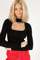 Black Ribbed Mock Neck Cut Out Sweater
