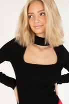 Black Ribbed Mock Neck Cut Out Sweater