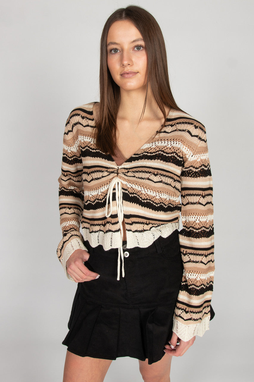 Pointelle Stripe Bell Sleeve Sweater