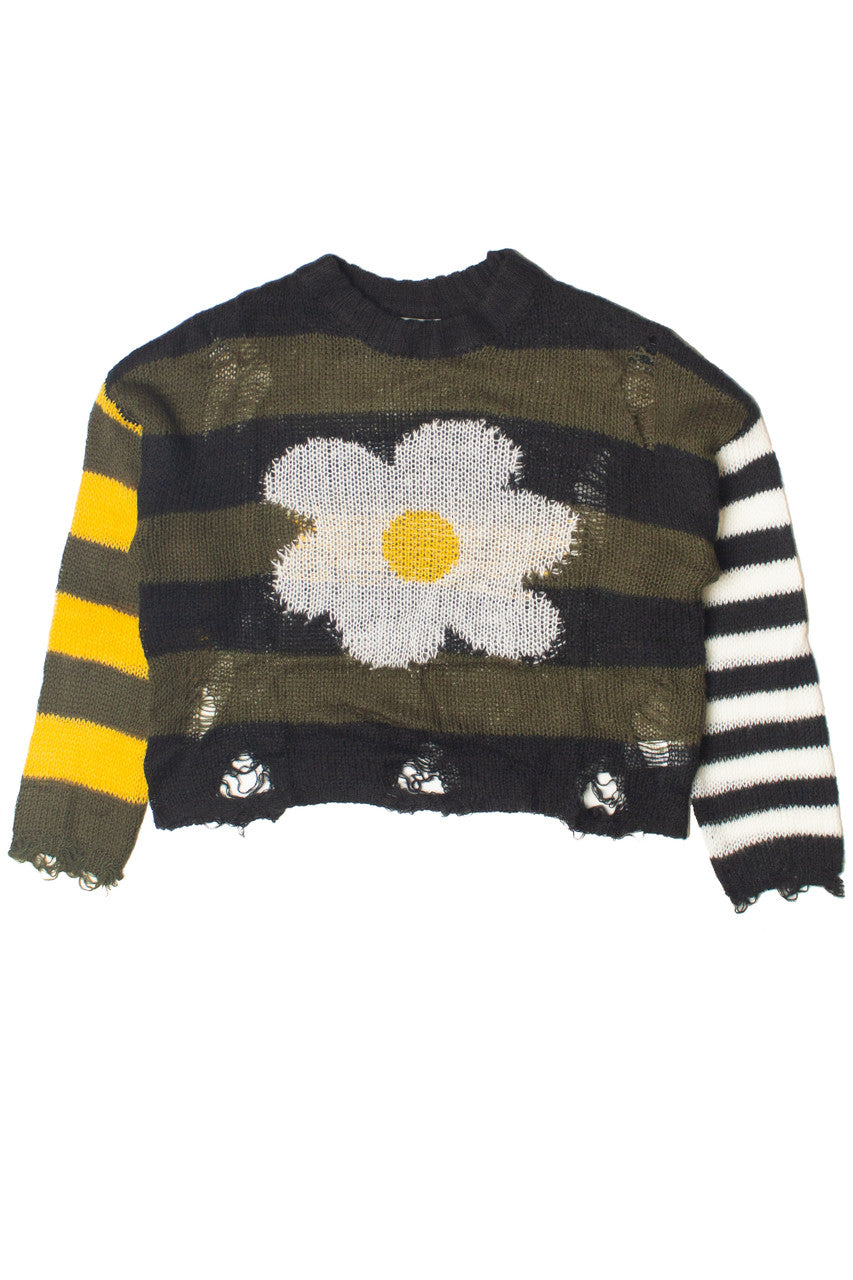 Distressed Striped Daisy Sweater