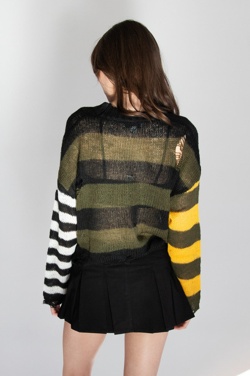 Distressed Striped Daisy Sweater