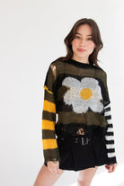 Distressed Striped Daisy Sweater