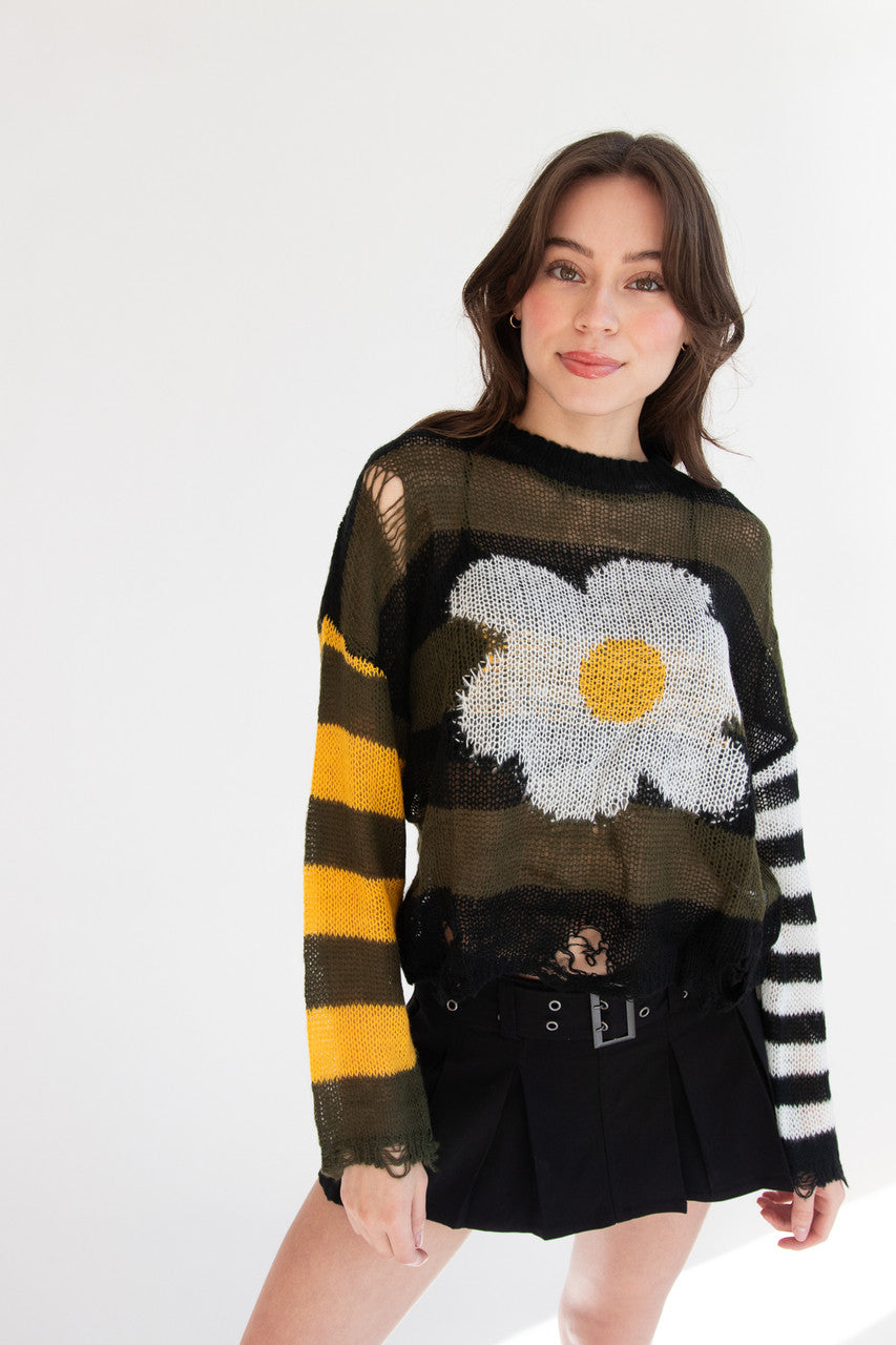 Distressed Striped Daisy Sweater