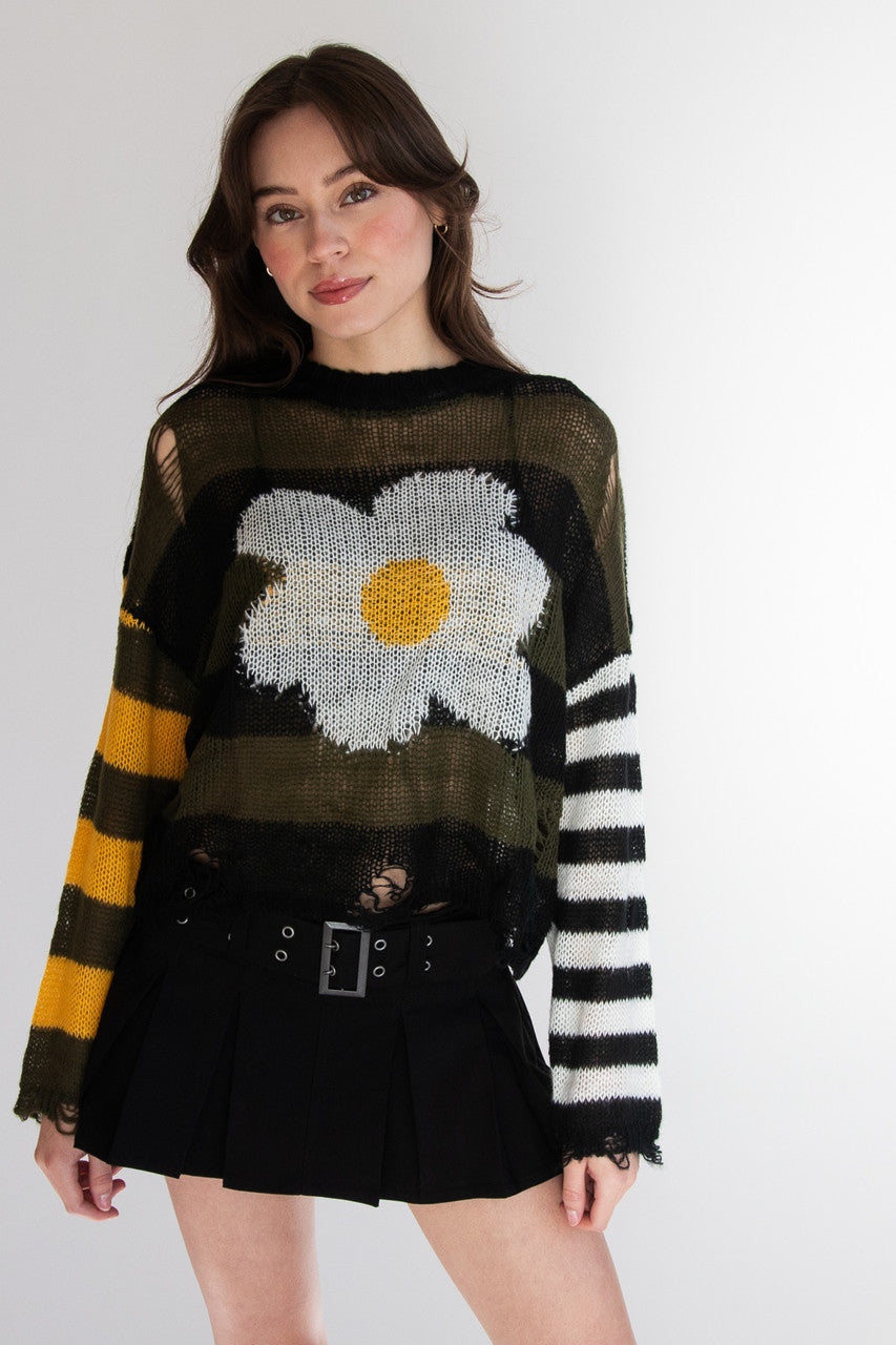 Distressed Striped Daisy Sweater