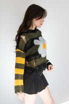 Distressed Striped Daisy Sweater