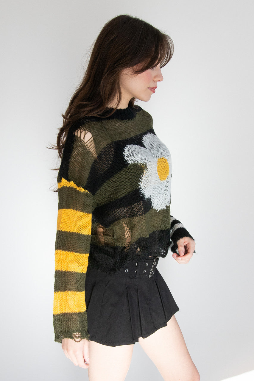 Distressed Striped Daisy Sweater