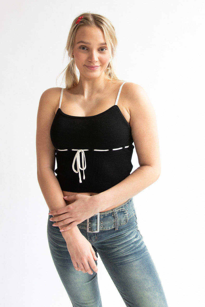Running Stitch Bow Detail Knit Tank Top