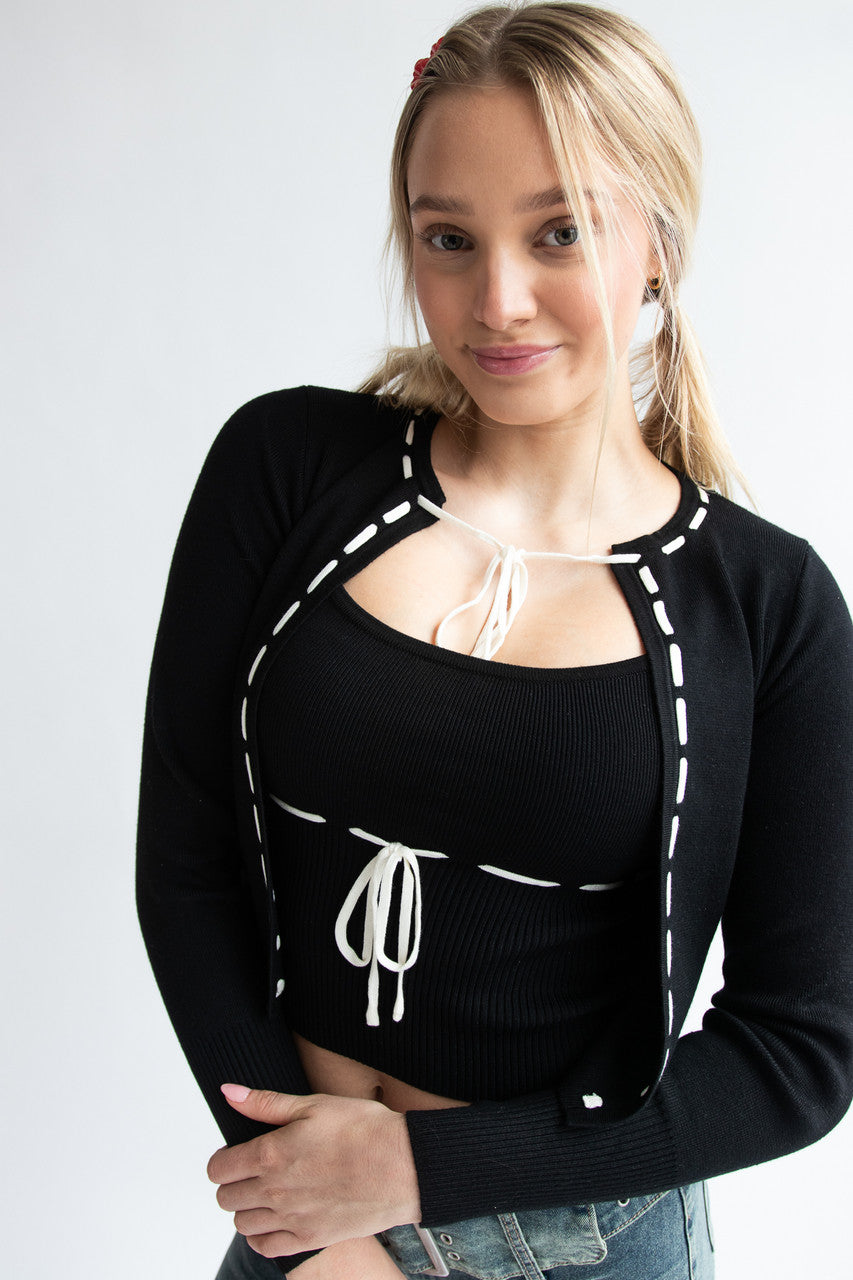 Running Stitch Tie Front Knit Cardigan