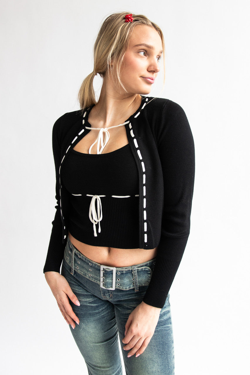 Running Stitch Tie Front Knit Cardigan