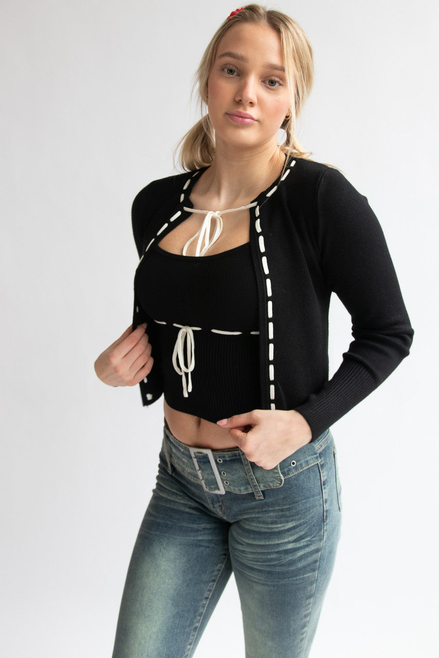 Running Stitch Tie Front Knit Cardigan