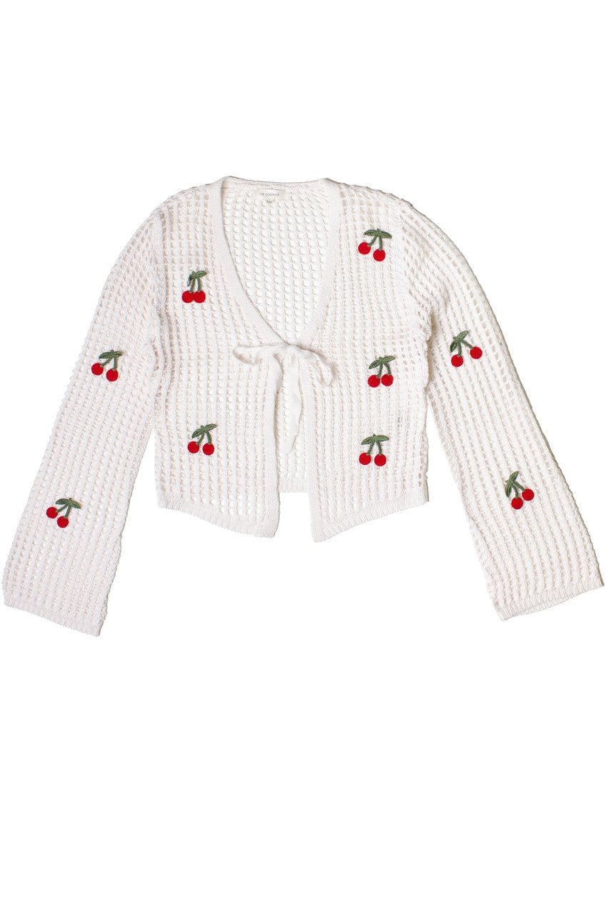 Mesh Stitch Tie Front Cherry Cardigan