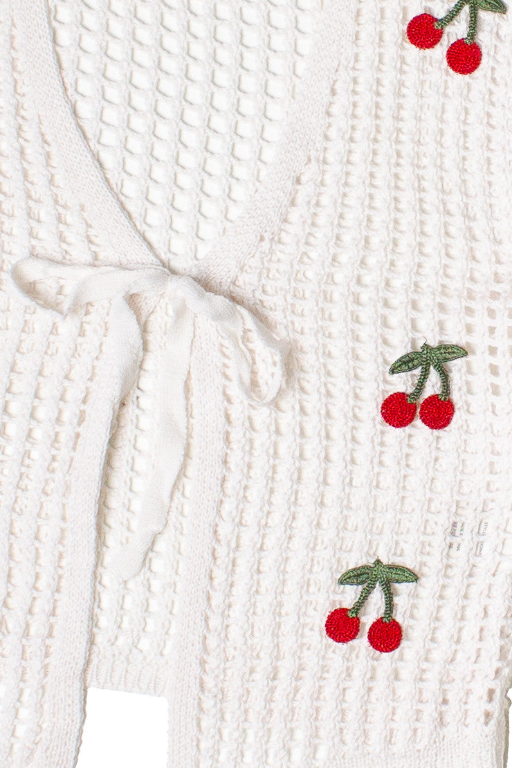 Mesh Stitch Tie Front Cherry Cardigan