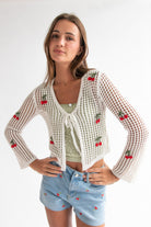 Mesh Stitch Tie Front Cherry Cardigan