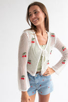 Mesh Stitch Tie Front Cherry Cardigan