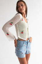 Mesh Stitch Tie Front Cherry Cardigan