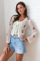 Mesh Stitch Tie Front Cherry Cardigan