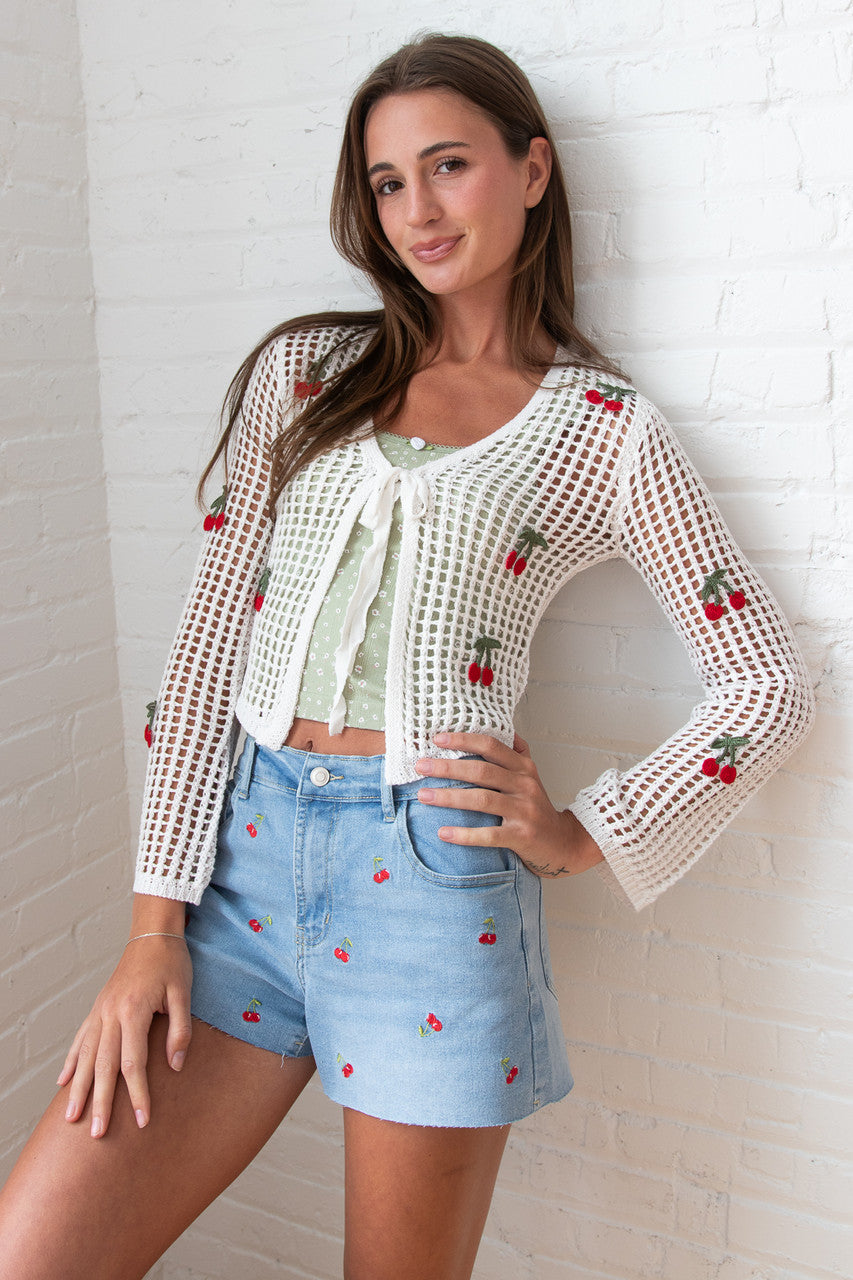 Mesh Stitch Tie Front Cherry Cardigan