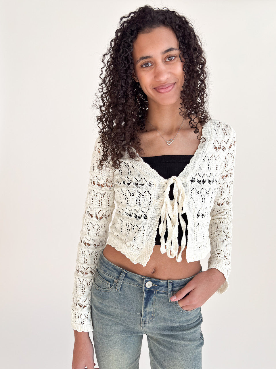 Loose Pointelle Knit Tie Front Cardigan