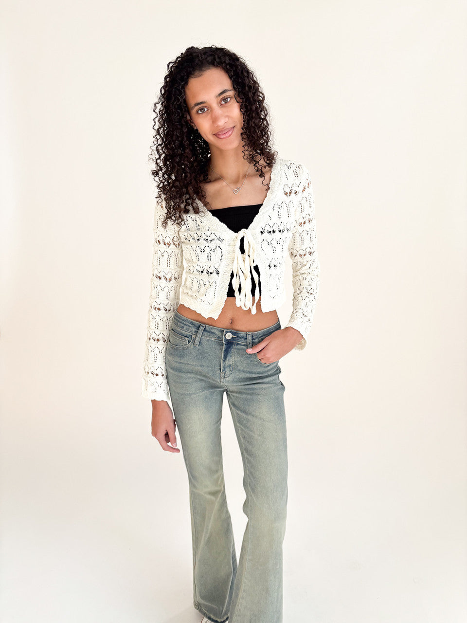 Loose Pointelle Knit Tie Front Cardigan