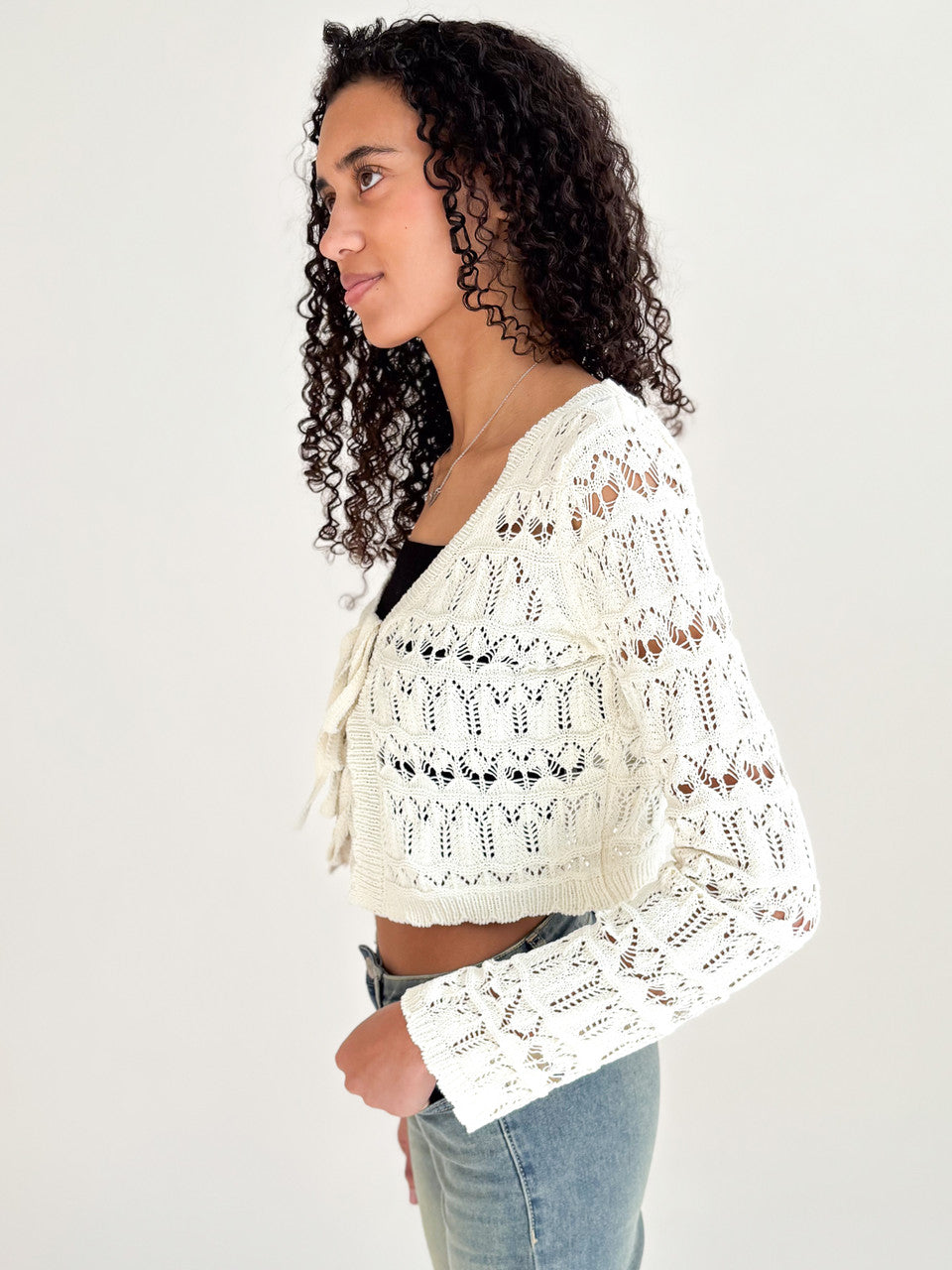 Loose Pointelle Knit Tie Front Cardigan