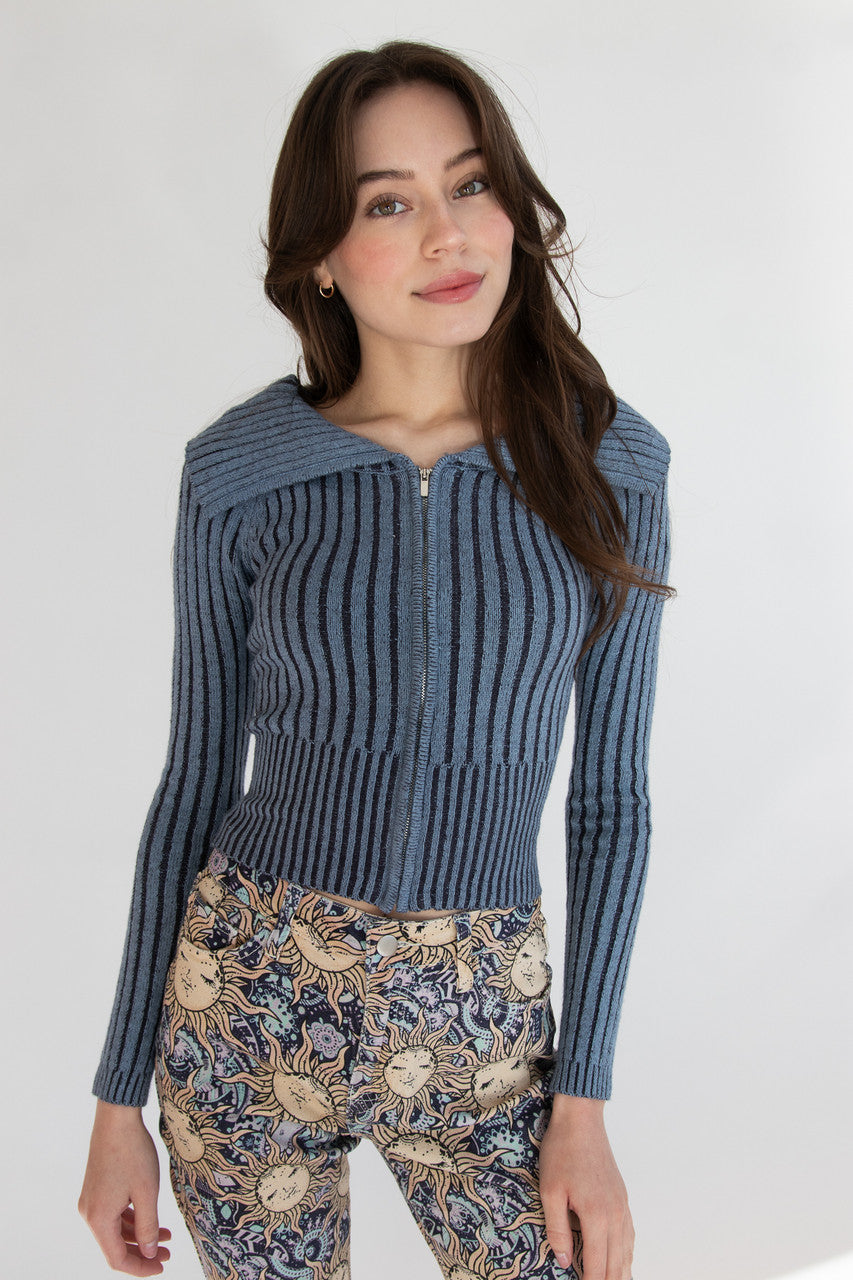 Fold Over Collar Ribbed Zip Up Sweater – Ragstock Fold Over Collar Ribbed Zip Up Sweater – Ragstock
