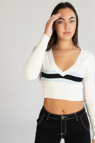 Ribbed V Neck Stripe Sweater