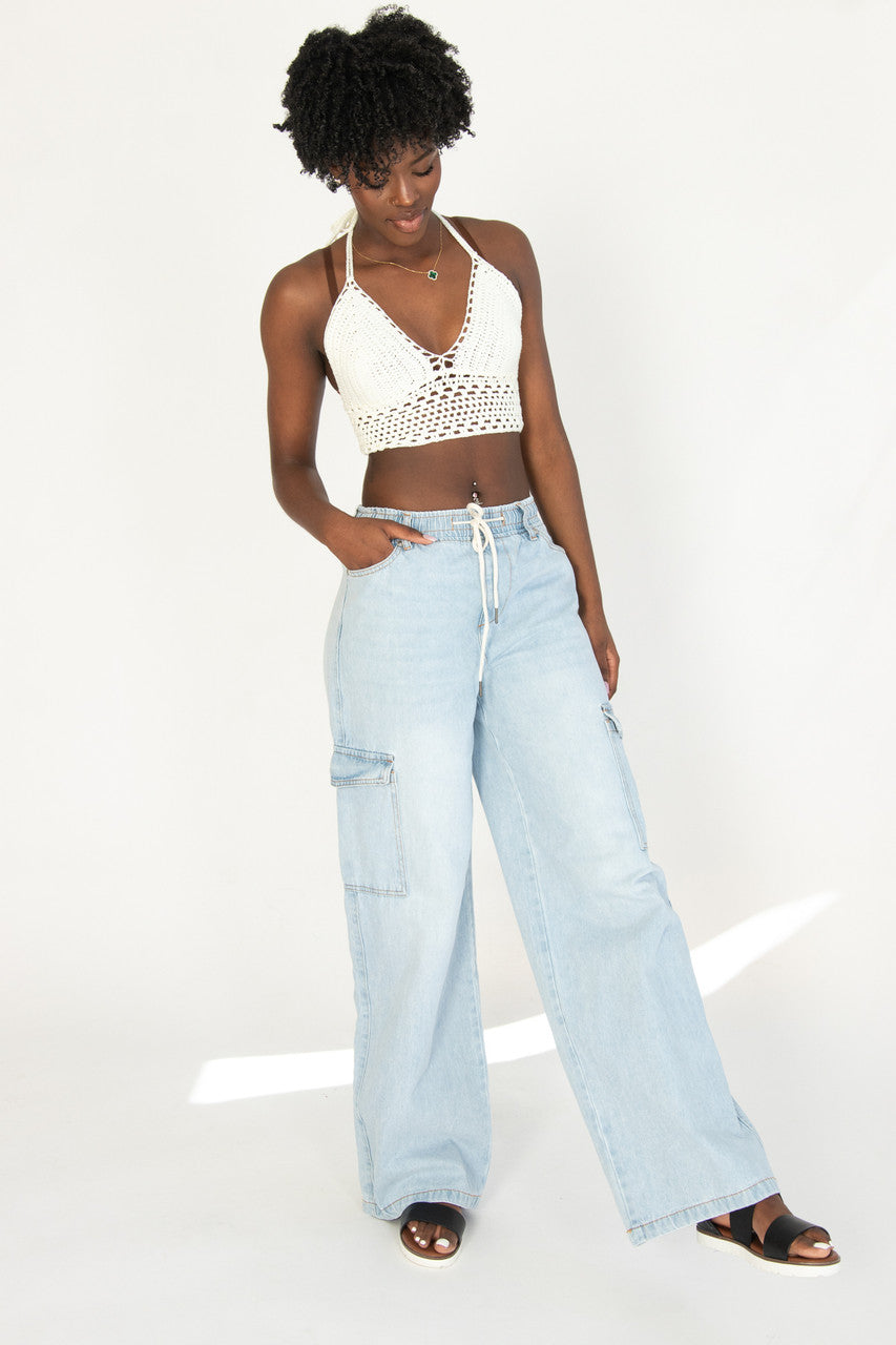 Wide Leg Pull On Cargo Jeans