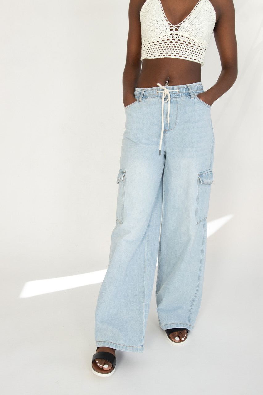 Wide Leg Pull On Cargo Jeans