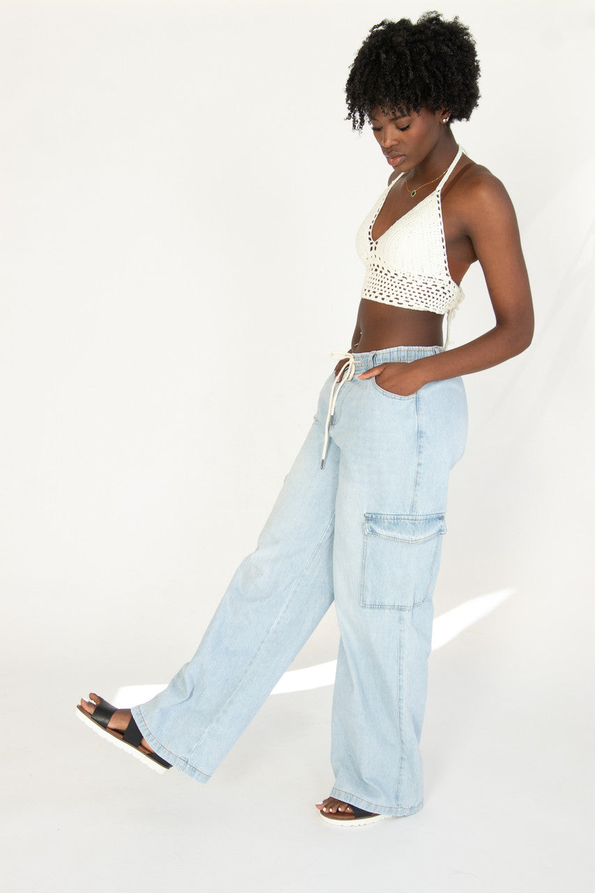 Wide Leg Pull On Cargo Jeans