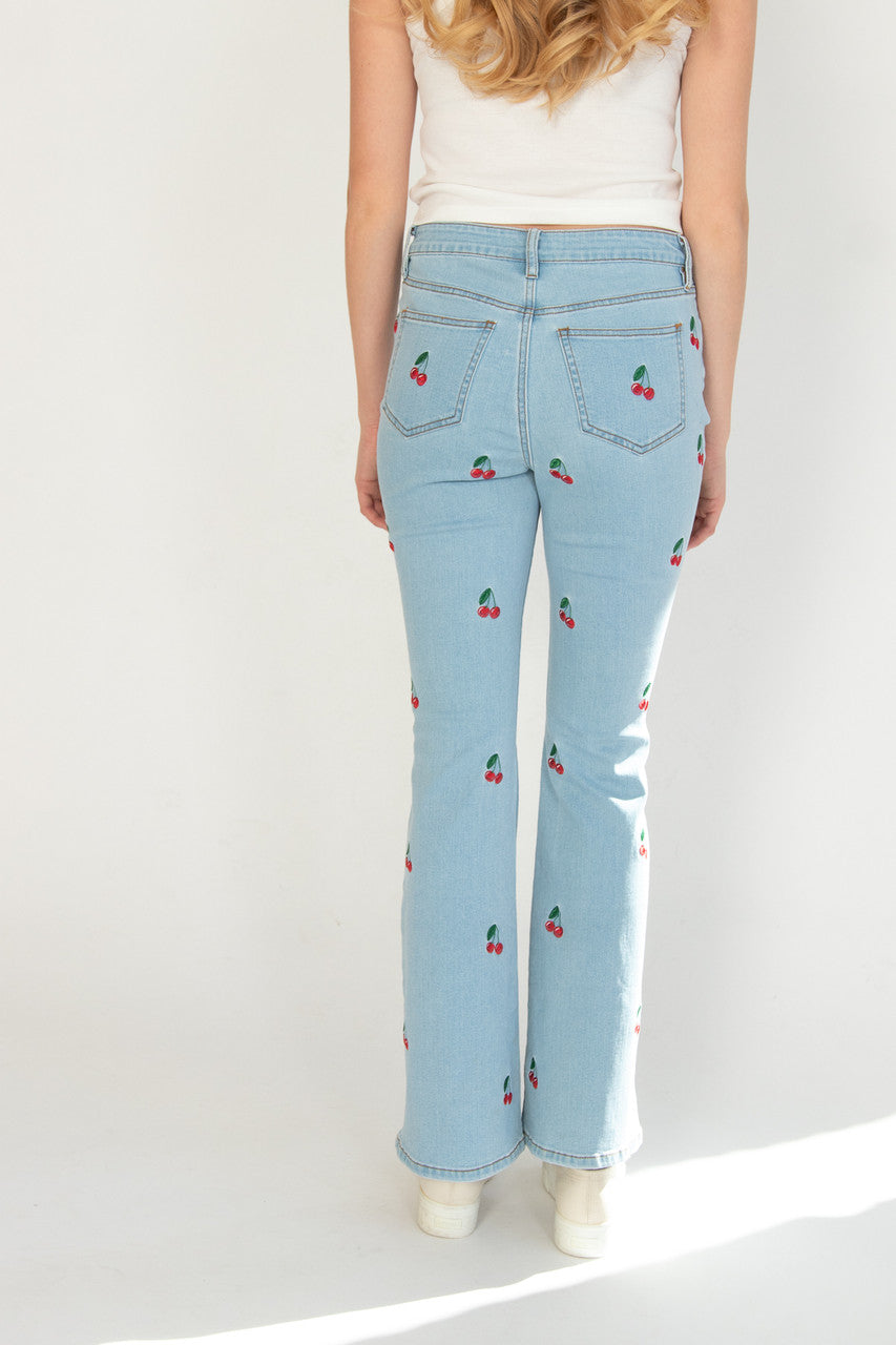 Embroidered Cherry Flare Jeans