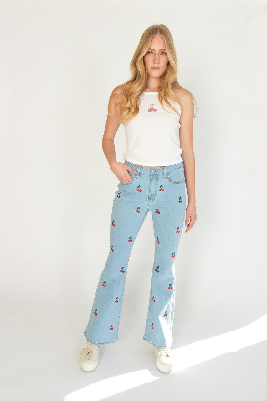 Embroidered Cherry Flare Jeans