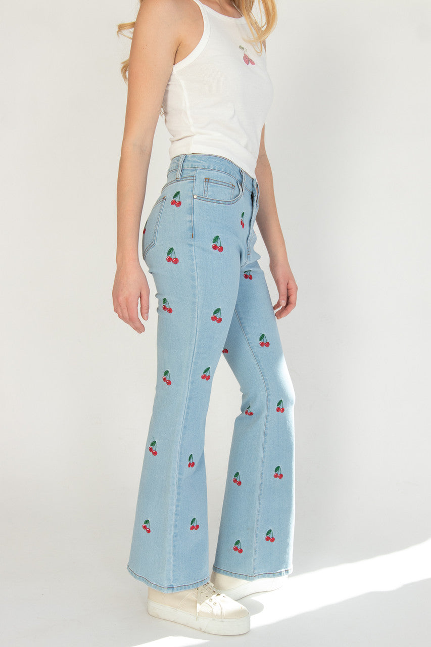 Embroidered Cherry Flare Jeans