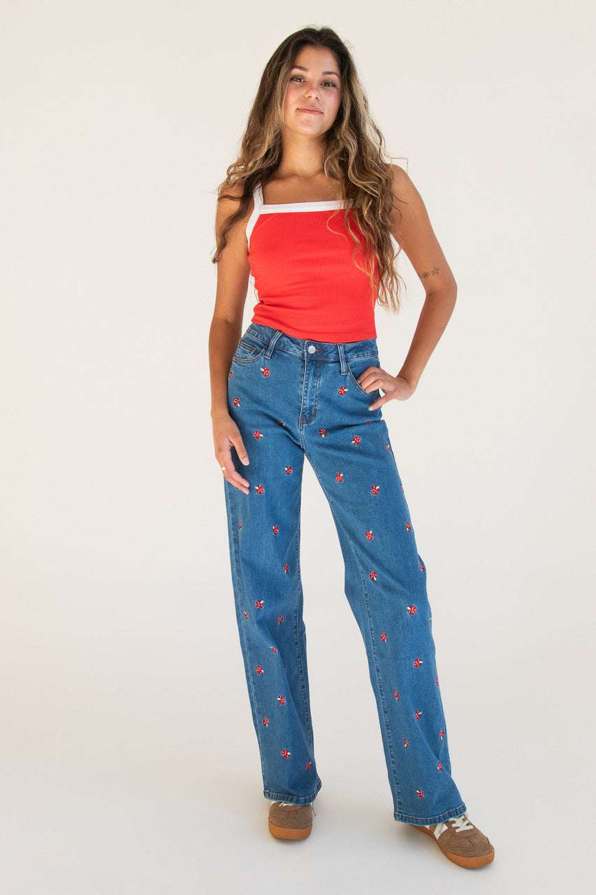 Embroidered Mushroom Jeans 