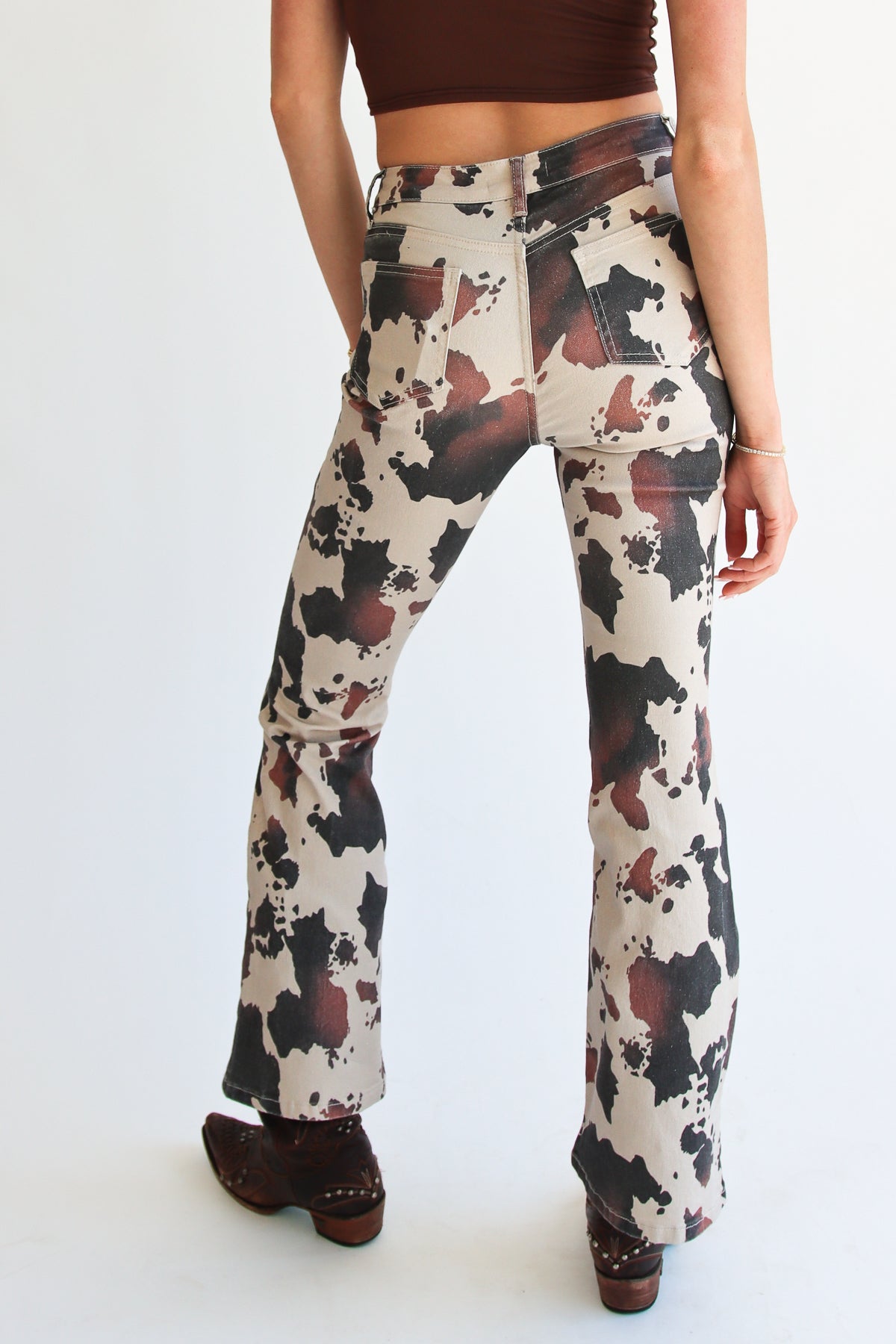 Brown Cow Print Flare Jeans