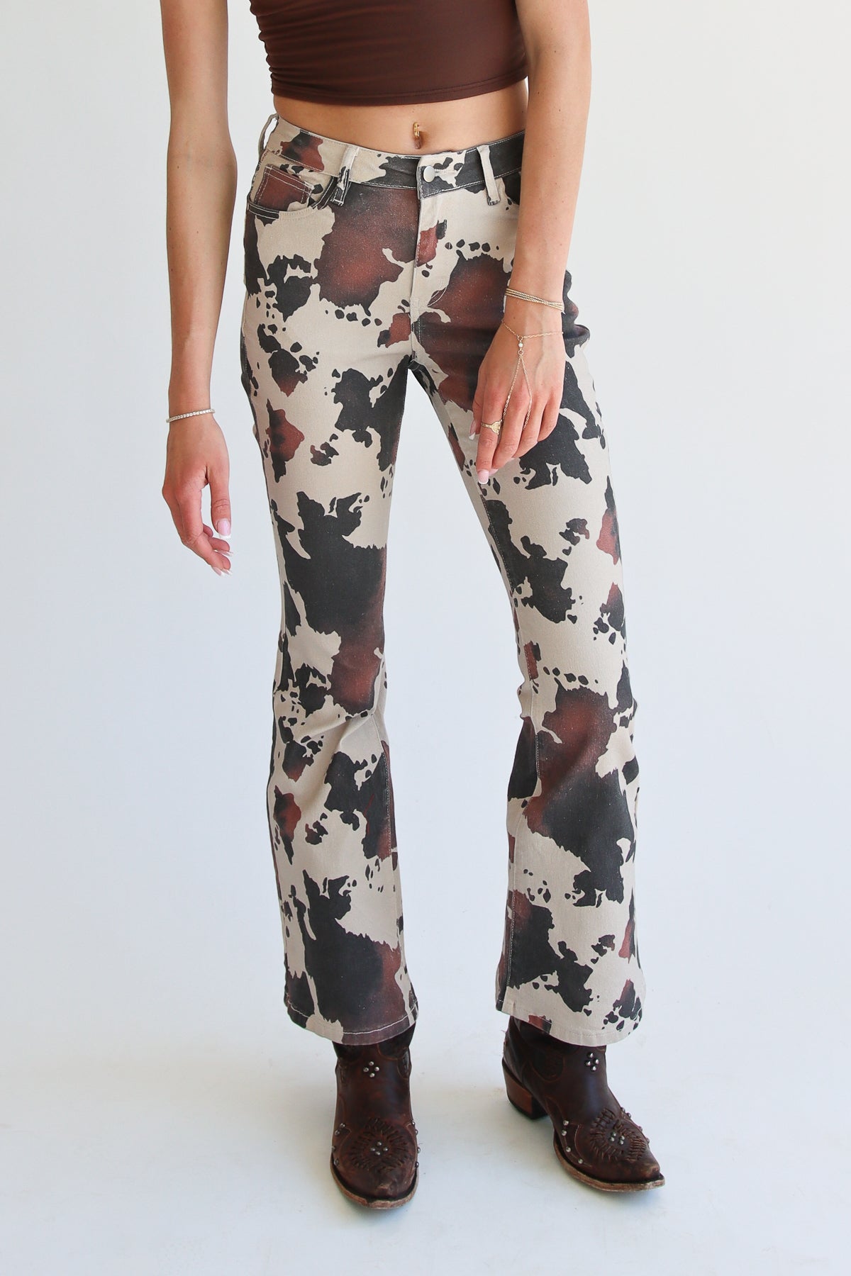 Brown Cow Print Flare Jeans