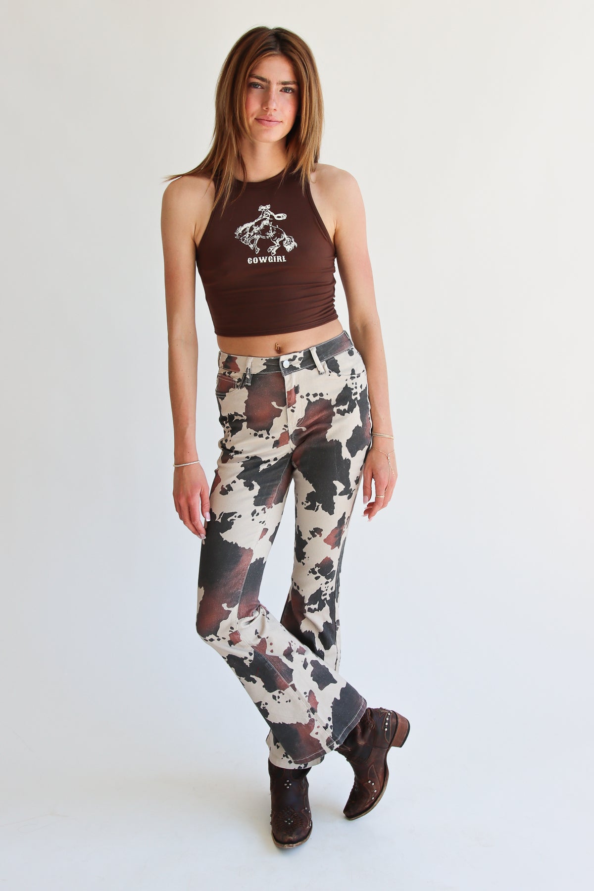 Brown Cow Print Flare Jeans