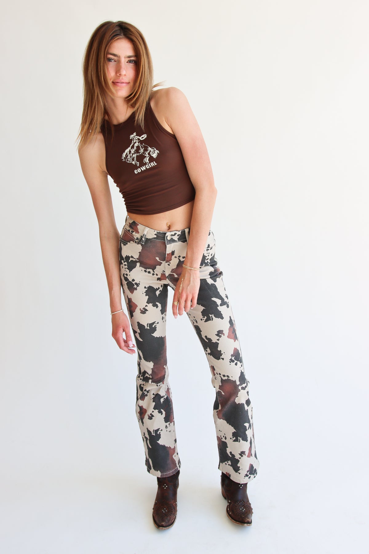 Brown Cow Print Flare Jeans