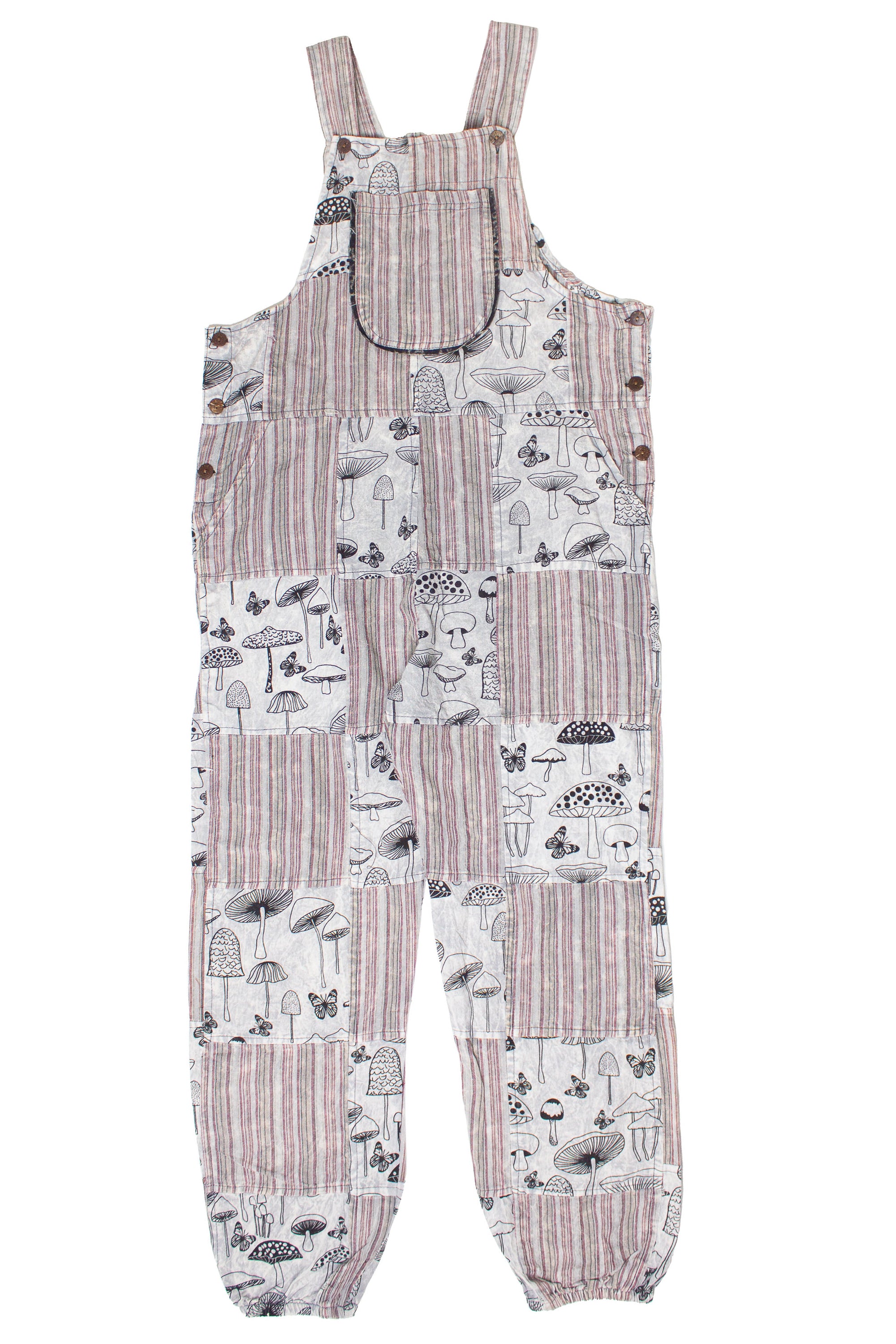 Gray Mushroom Butterfly Patchwork Overalls