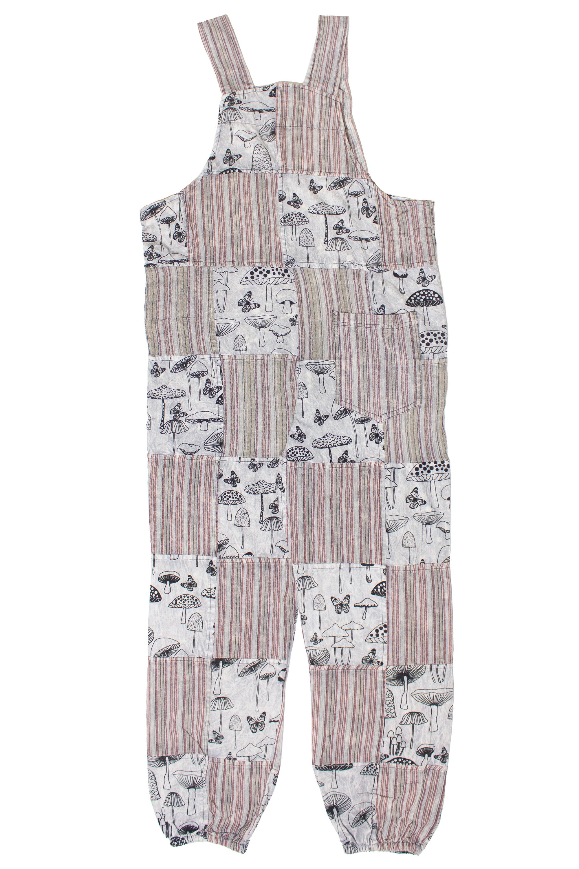 Gray Mushroom Butterfly Patchwork Overalls