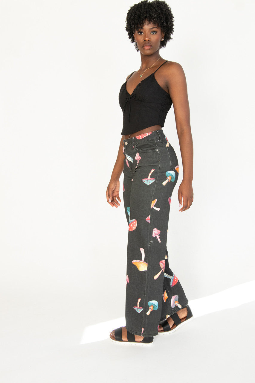 Large Mushroom Print Wide Leg Jeans