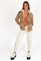 Camel Sherpa Collar Plaid Trucker Jacket