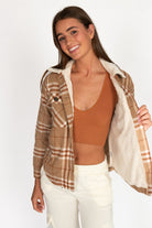 Camel Sherpa Collar Plaid Trucker Jacket