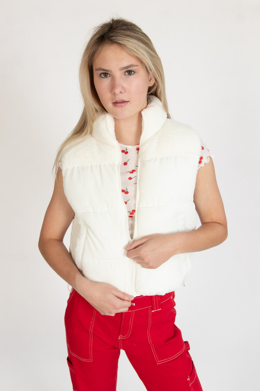 White Sherpa Yoke Puffer Vest