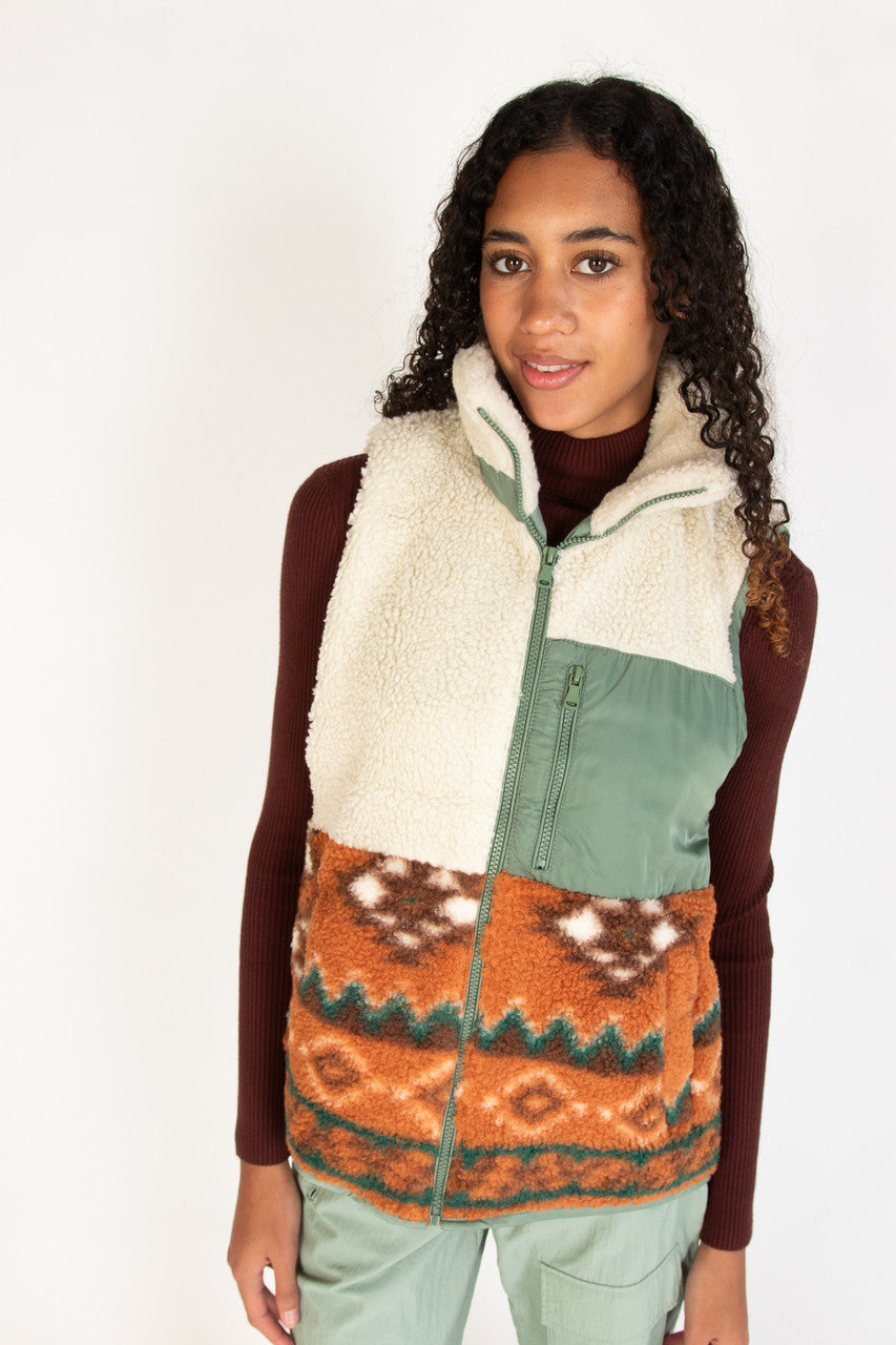 Printed Sherpa Zip Up Vest